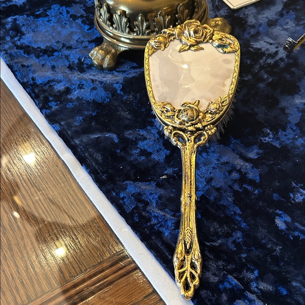 Ornate Vintage Gold Decorative Hair Brush with Cream Inset